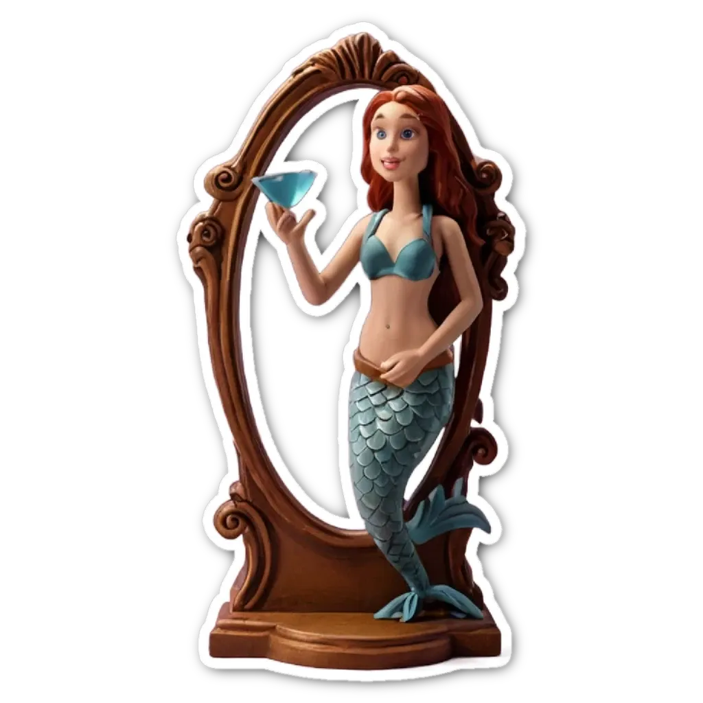 A mermaid in a mirror holding a drink.