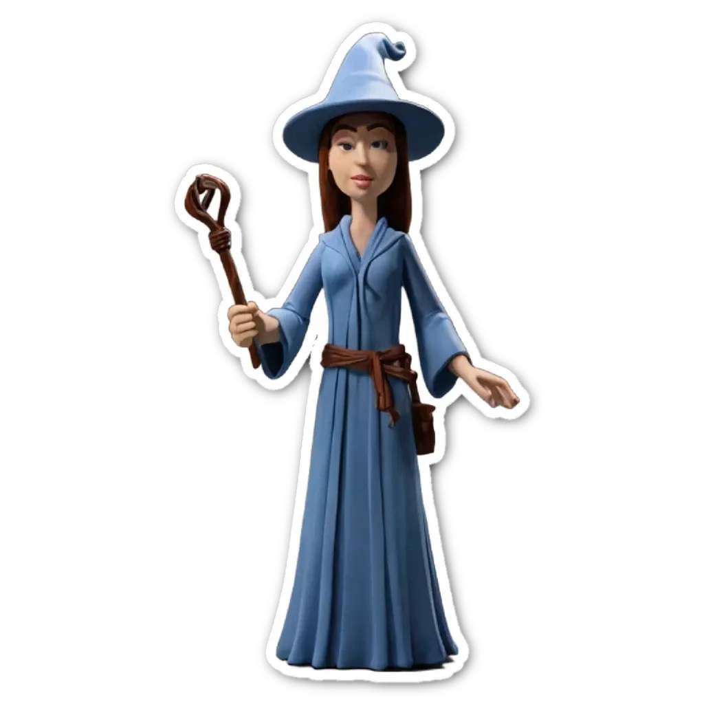 A blue cartoon character figure holding a staff.