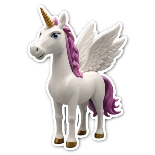 A white unicorn with blue eyes and pink wings.