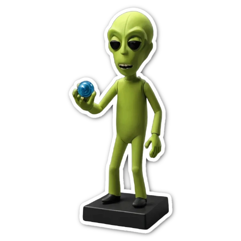 A green alien figure holding a blue sphere is stuck to a black background.