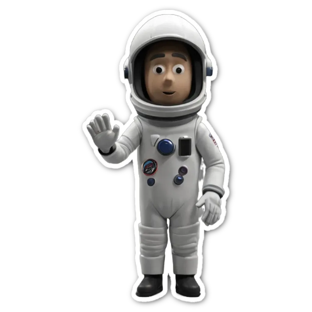 A sticker of a man in space wearing a helmet and waving.