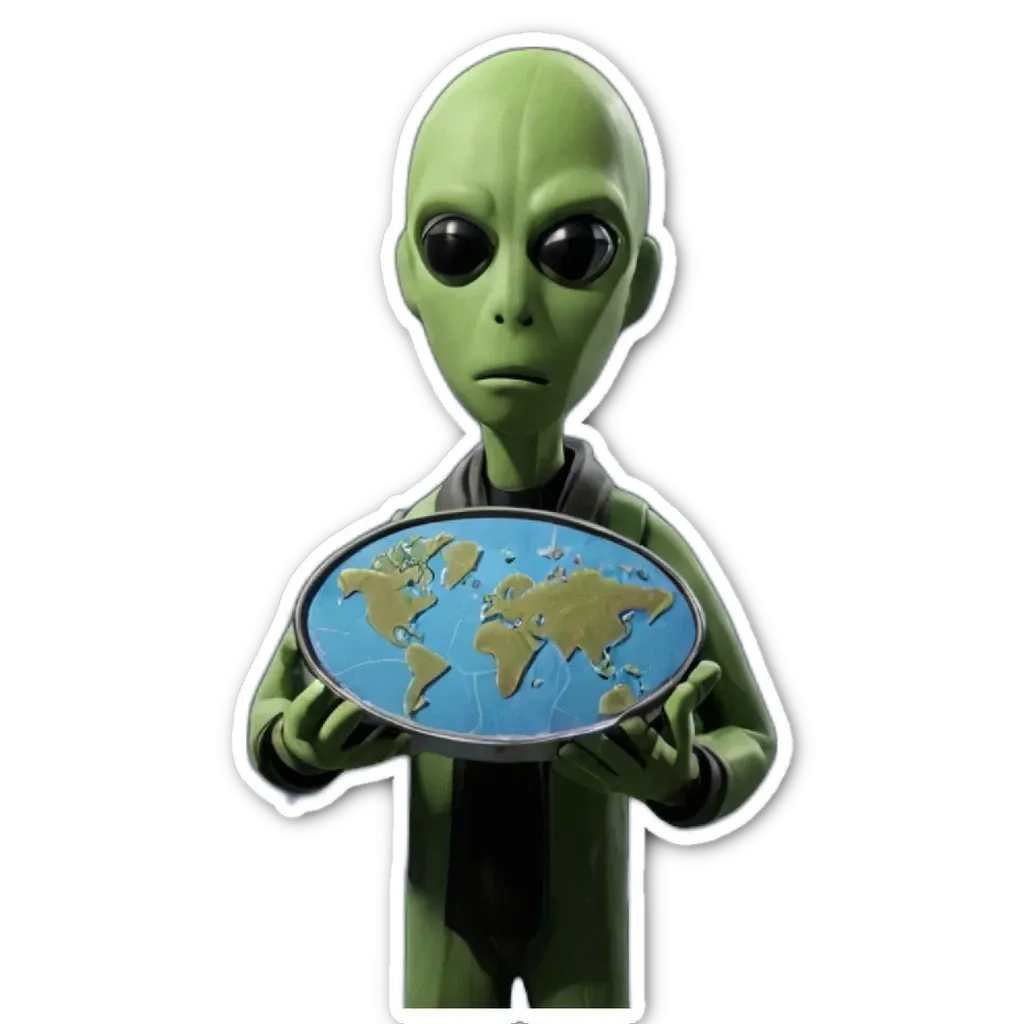 An alien holding a round world in his hands.