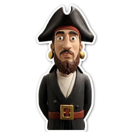 A sticker of a pirate that is wearing a hat and a beard.