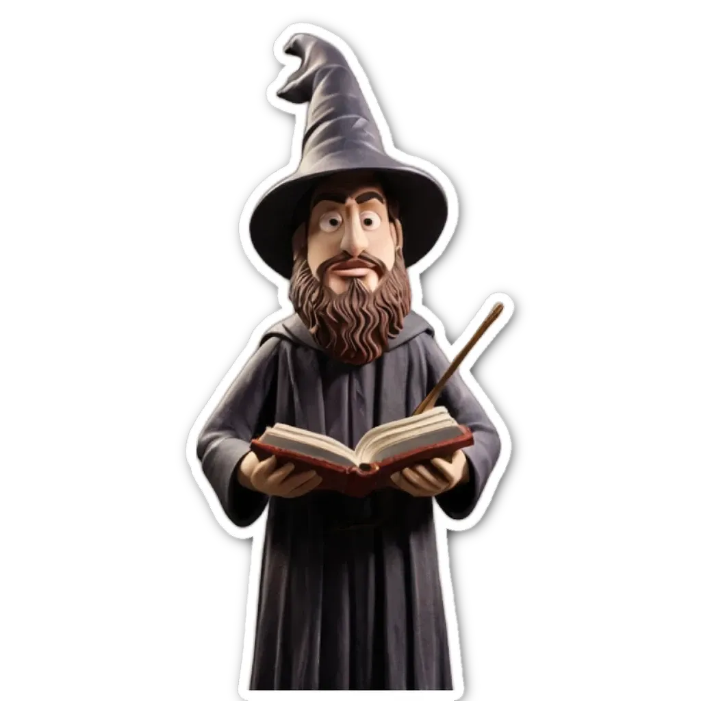 A figure of a wizard reading from a book with a wand.