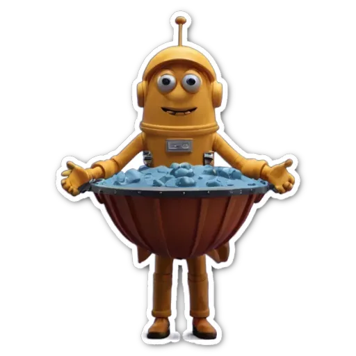 A yellow robot with a bowl of rocks is holding the bowl up.