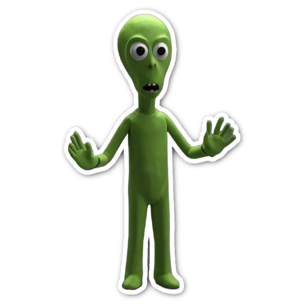 A green alien with big eyes standing in front of a black background.