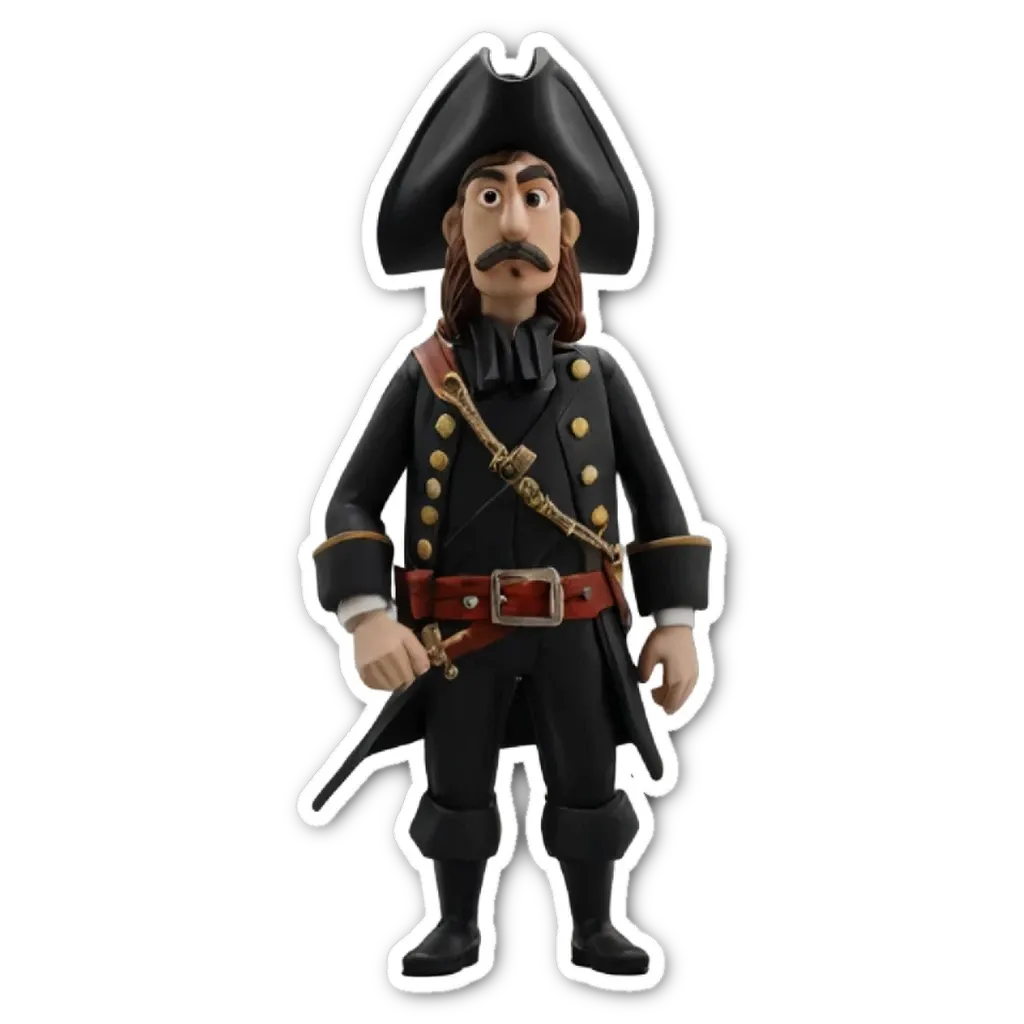 A plastic toy figure of a man wearing a pirate's costume.