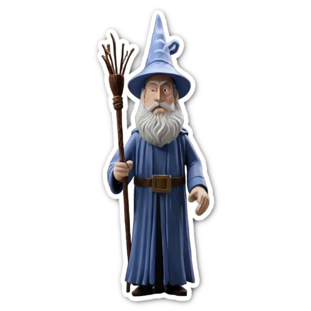 A sticker of a wizard with a broom.