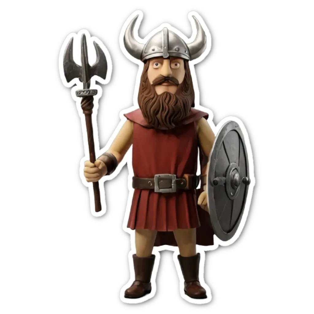 A sticker of a viking man holding a shield.