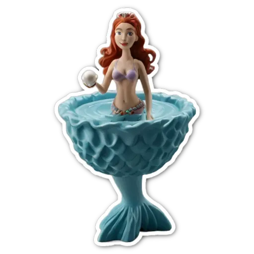 A mermaid in a blue bikini is holding a pearl.