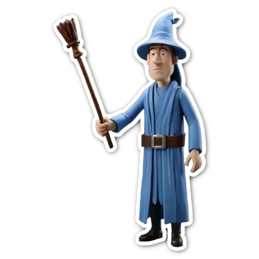 A figure holding a broom that is blue.