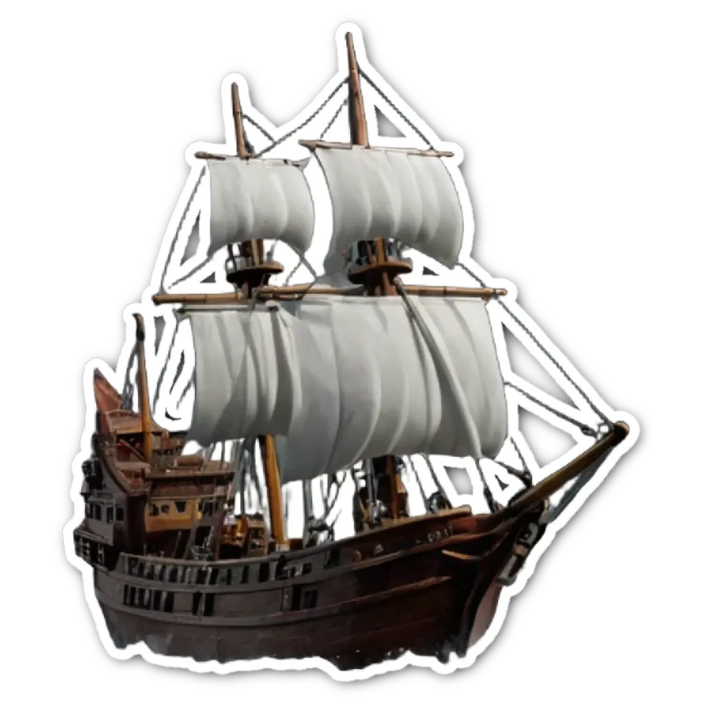 A white and brown ship sticker on a black background.