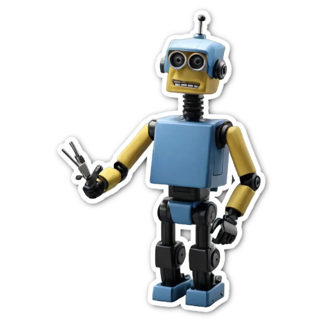 A blue robot toy with yellow arms holding scissors.