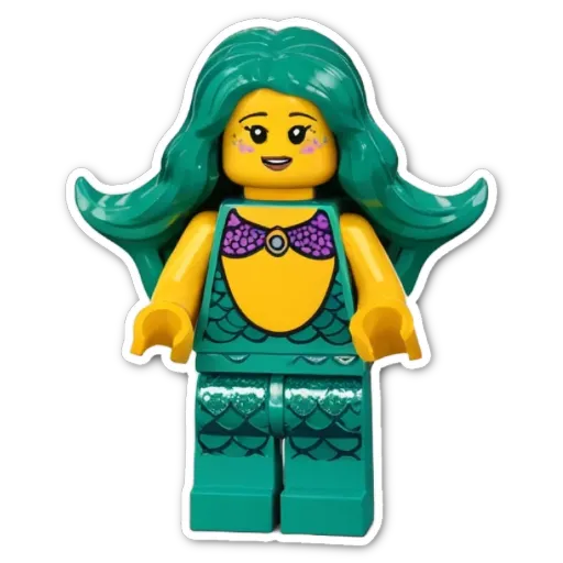 A lego girl with a blue mermaid tail and a yellow bow on her head.