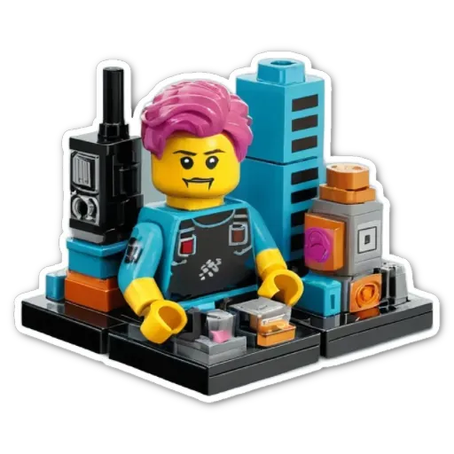 A Lego playmat showing a man with pink hair and a black shirt.