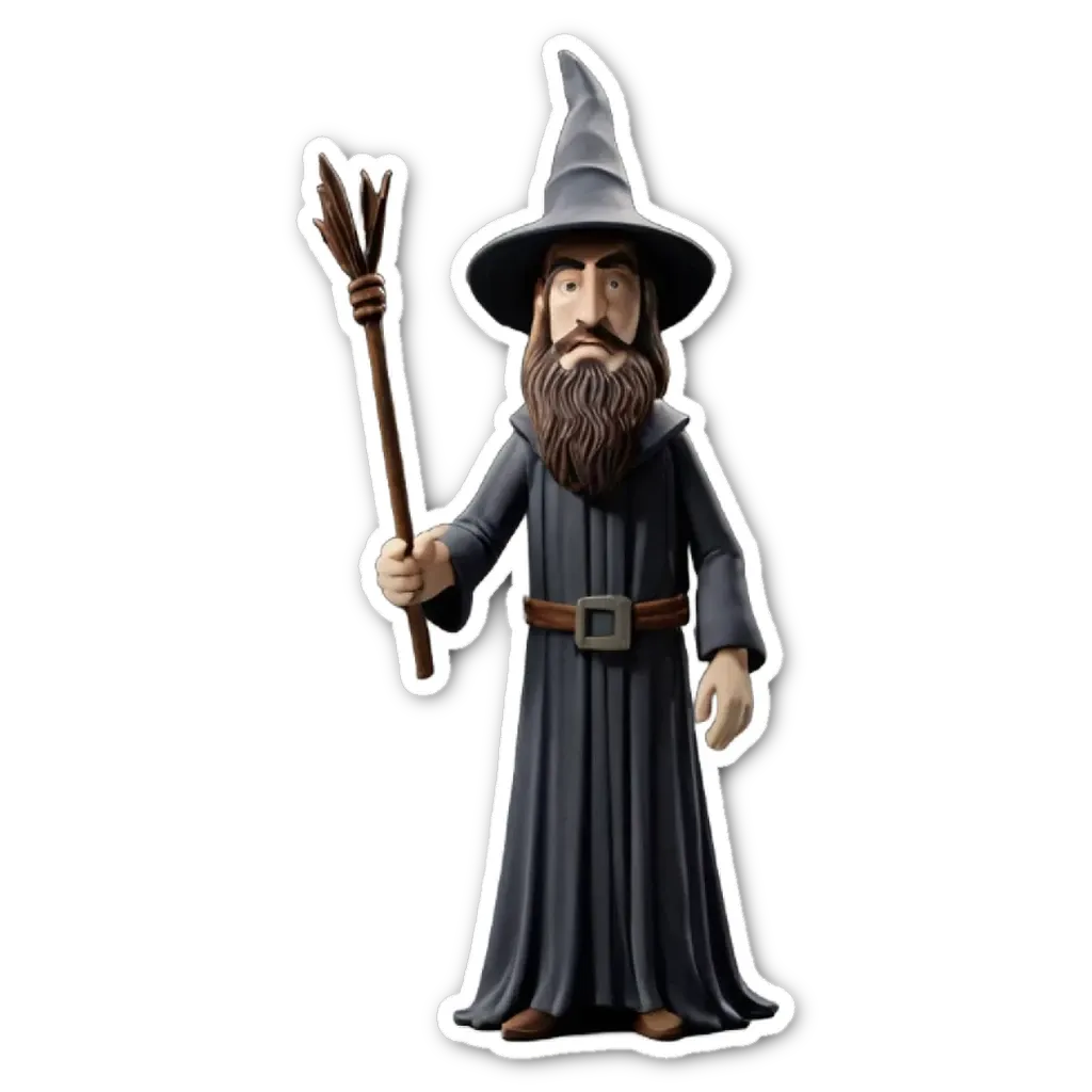 A figure of a wizard with a broom in hand.