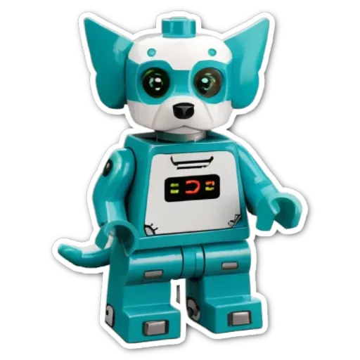 A lego dog with a green face and blue body is standing on a black background.