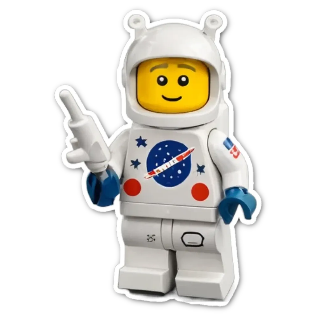 A lego space man holding a gun up with stars and stripes.