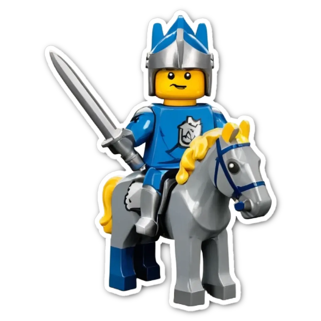 A Lego figure riding a horse with a shield.