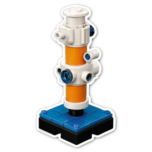 A lego structure with blue and orange pieces with clear eyes and a yellow nose.