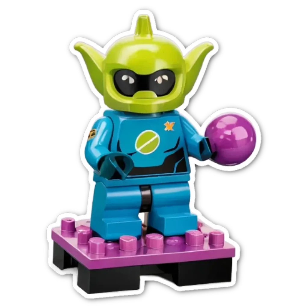 A new lego figure that just came out that is blue and green with a purple power ball in his hand.