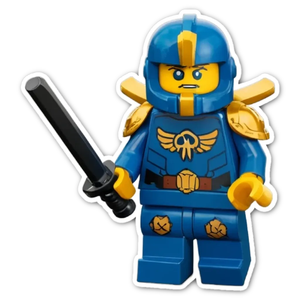 A blue lego man holding a black toy sword.