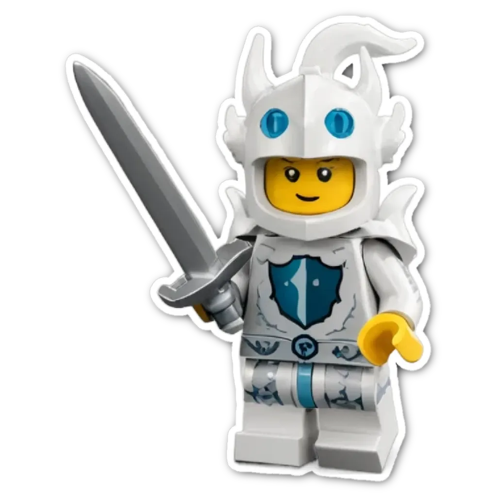 A white lego person holding a shield with a sword.