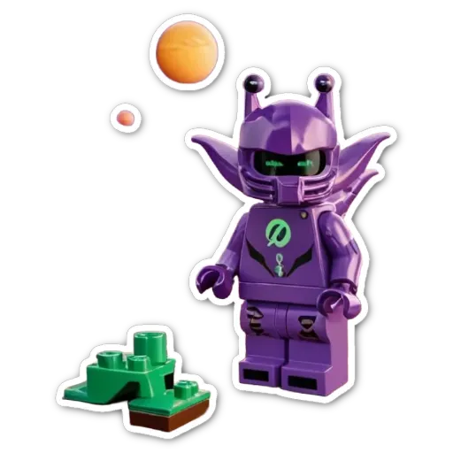 A purple lego character on a black background.