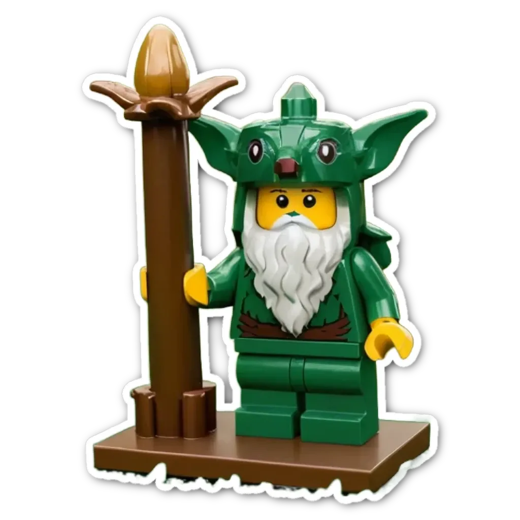 A Lego figure with a long beard and a staff.