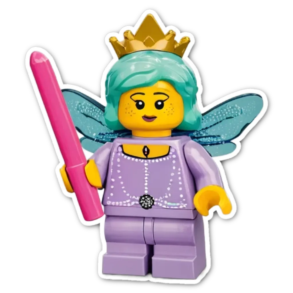 A lego figure with a pink wive and a purple dress holding a pen.