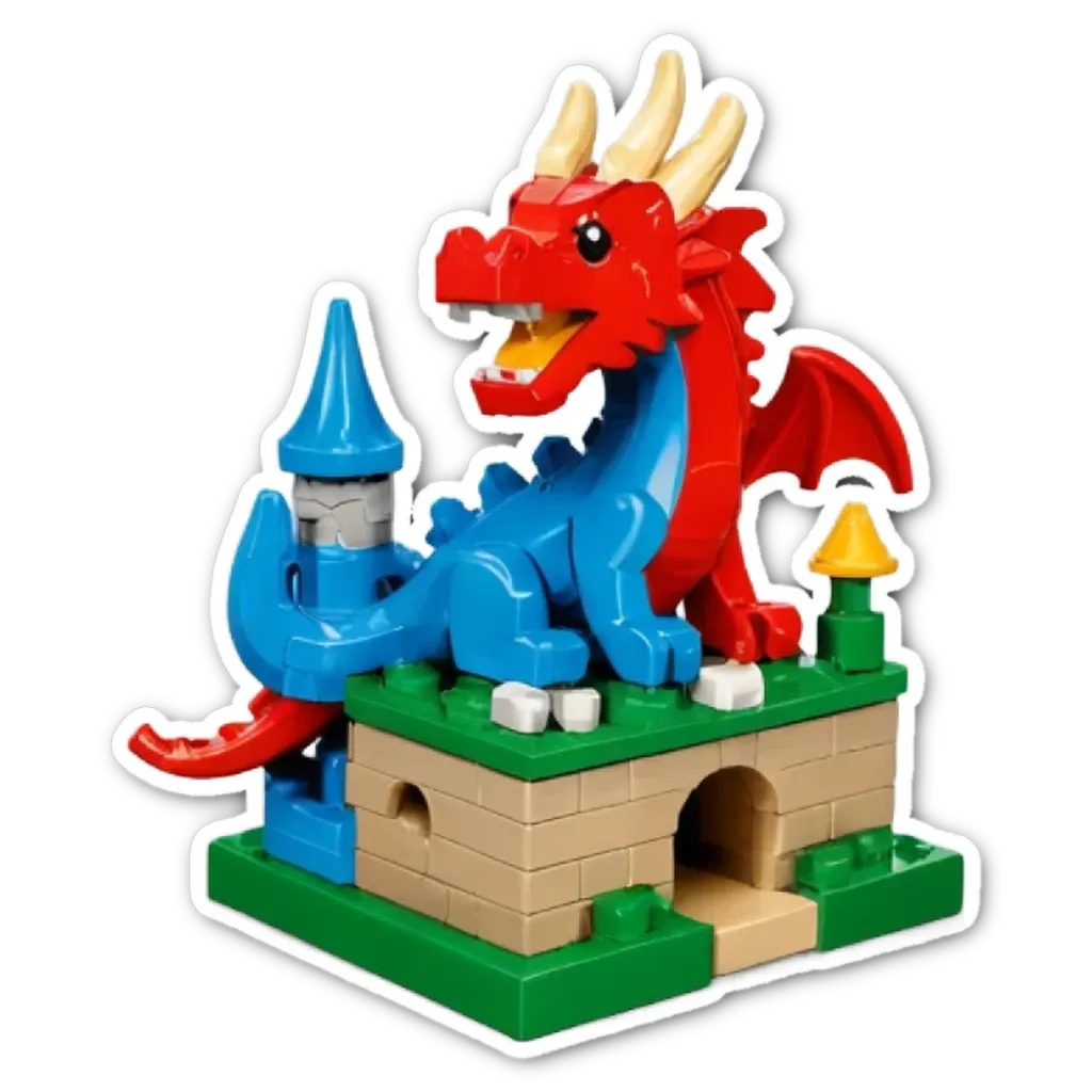 A sticker of a dragon in legos on a black background.