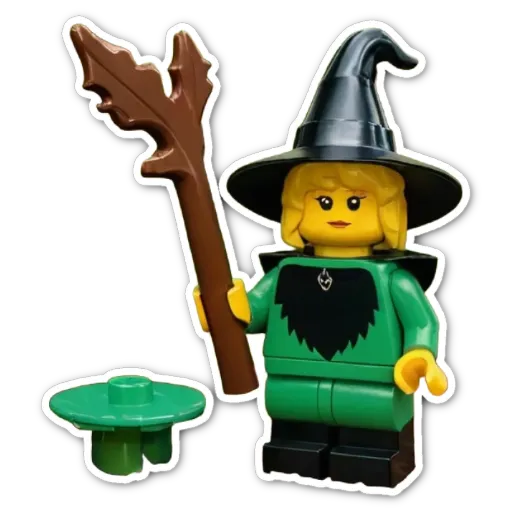 A plastic green lego person holding a brown stick.