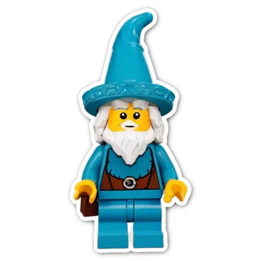 A lego figure of a wizard with a blue hat.