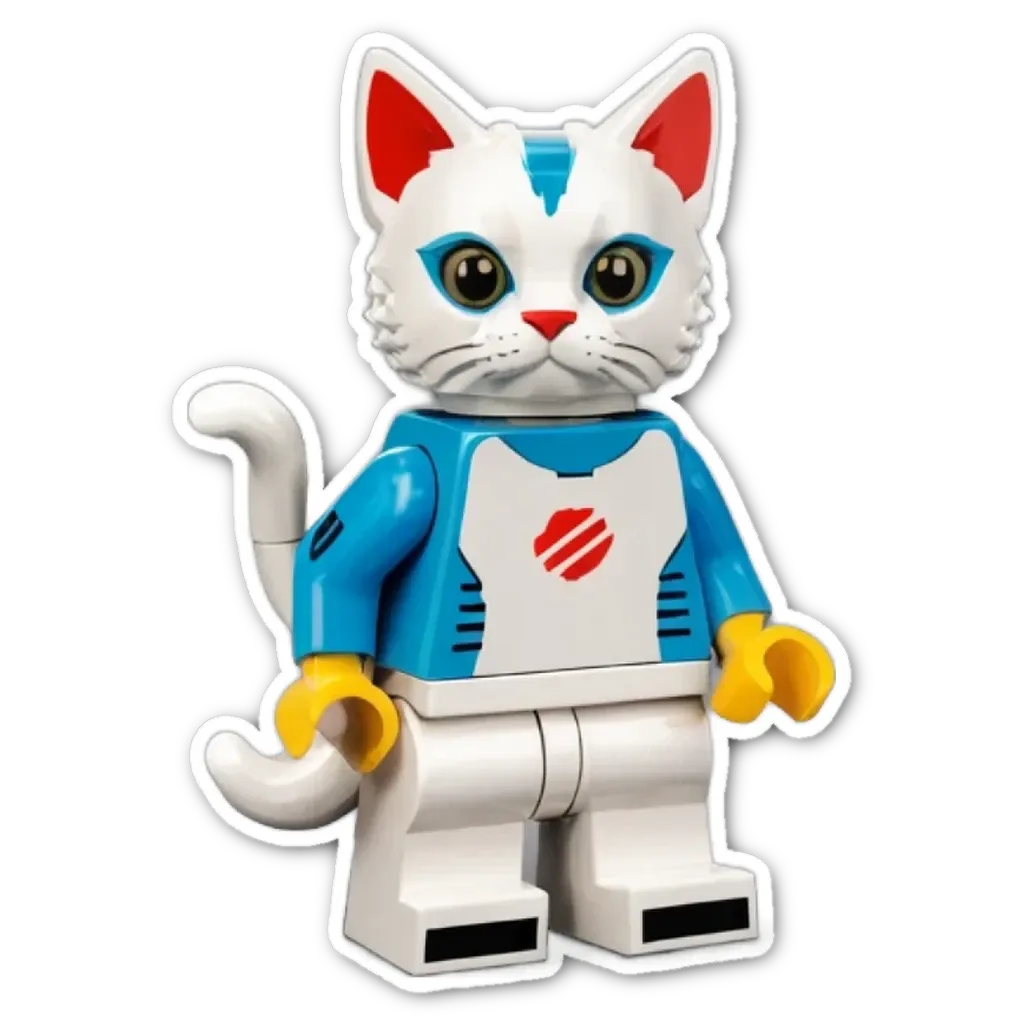 A lego cat with a blue and white jacket and red lines down the middle of it.