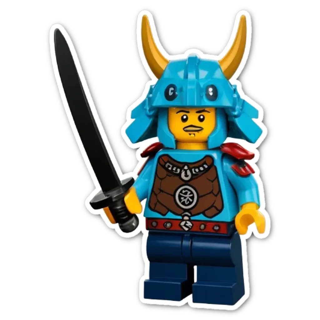 A lego boy holding a black sword.