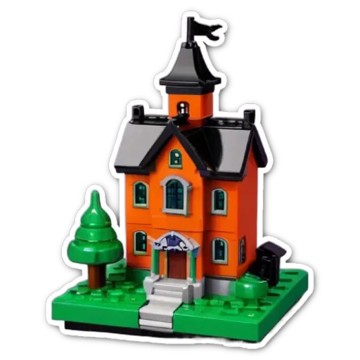 A sticker of a house that is orange and blue.