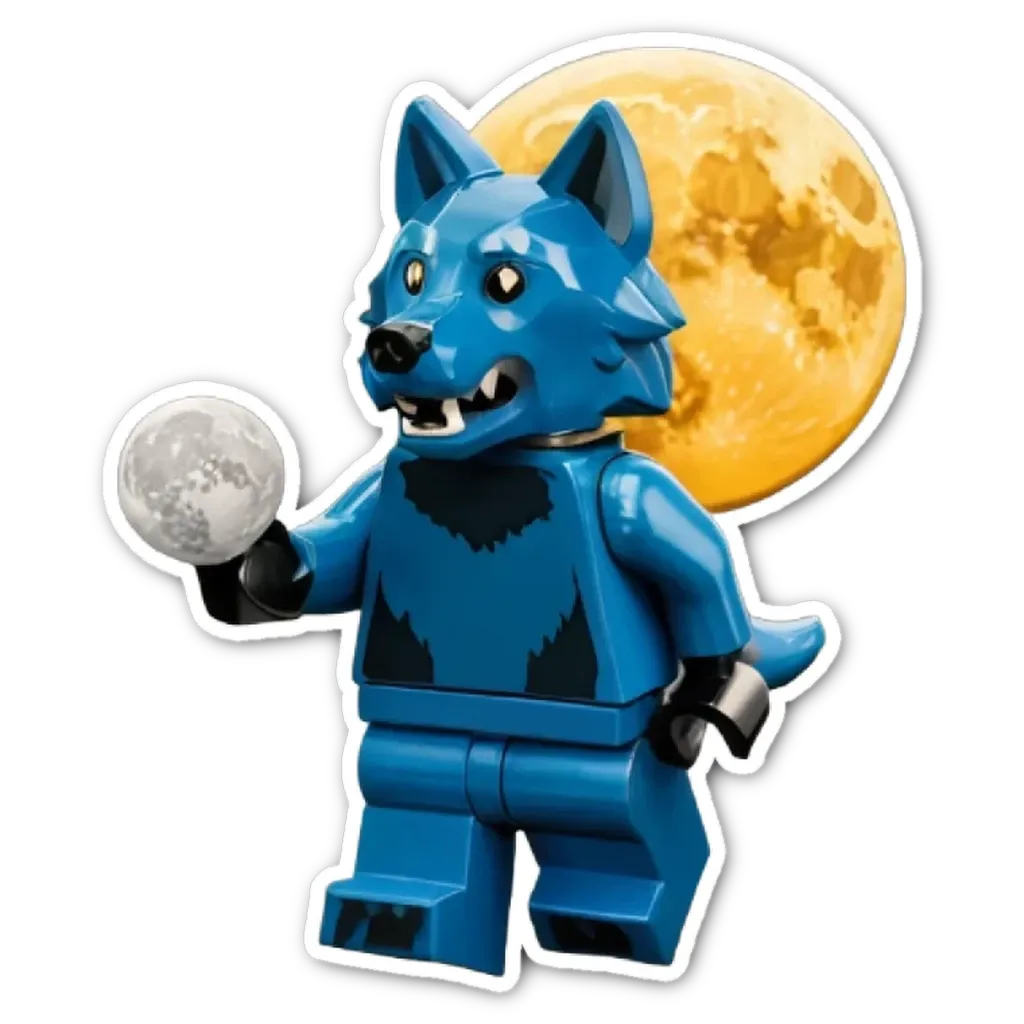 A lego figure of a werewolf holding a moon ball.