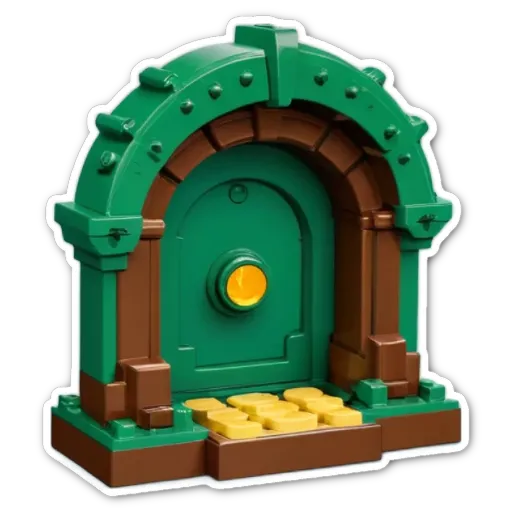 A lego green door with a gold coin in the lock.