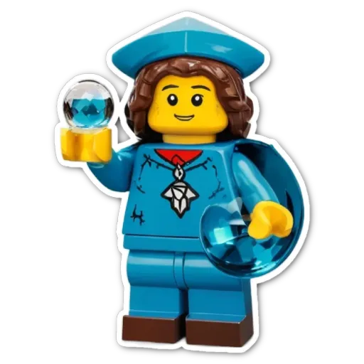 A lego person holding a glass globe.