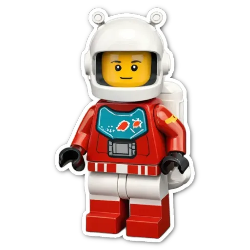 A lego person in a red and white space suit.