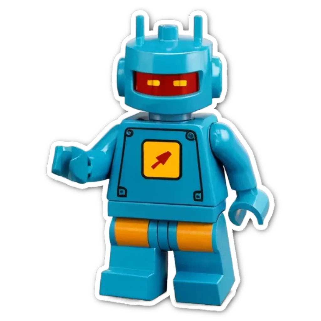 A blue lego toy robot holding a red and yellow pickle in its left hand.