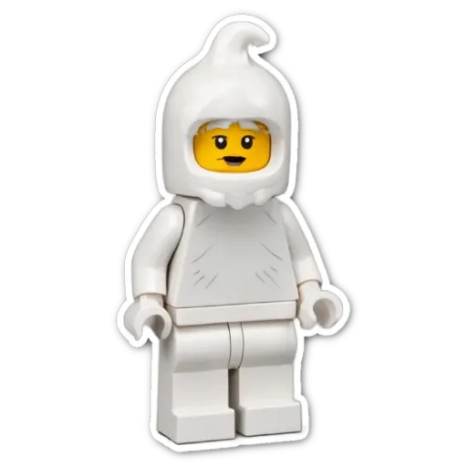 A white lego figure with a black face and a pink body.