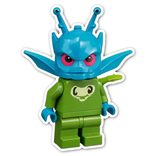 A green lego monster with a red eye and yellow teeth in front of a black background.