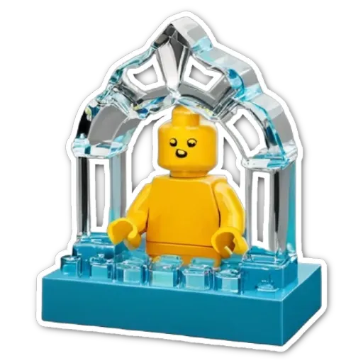 A lego figure with yellow clothes standing in front of a blue background.