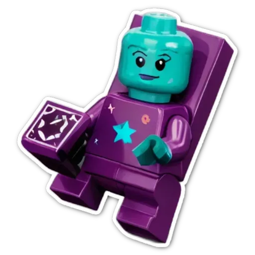 A purple lego figure holding a block in its left hand.