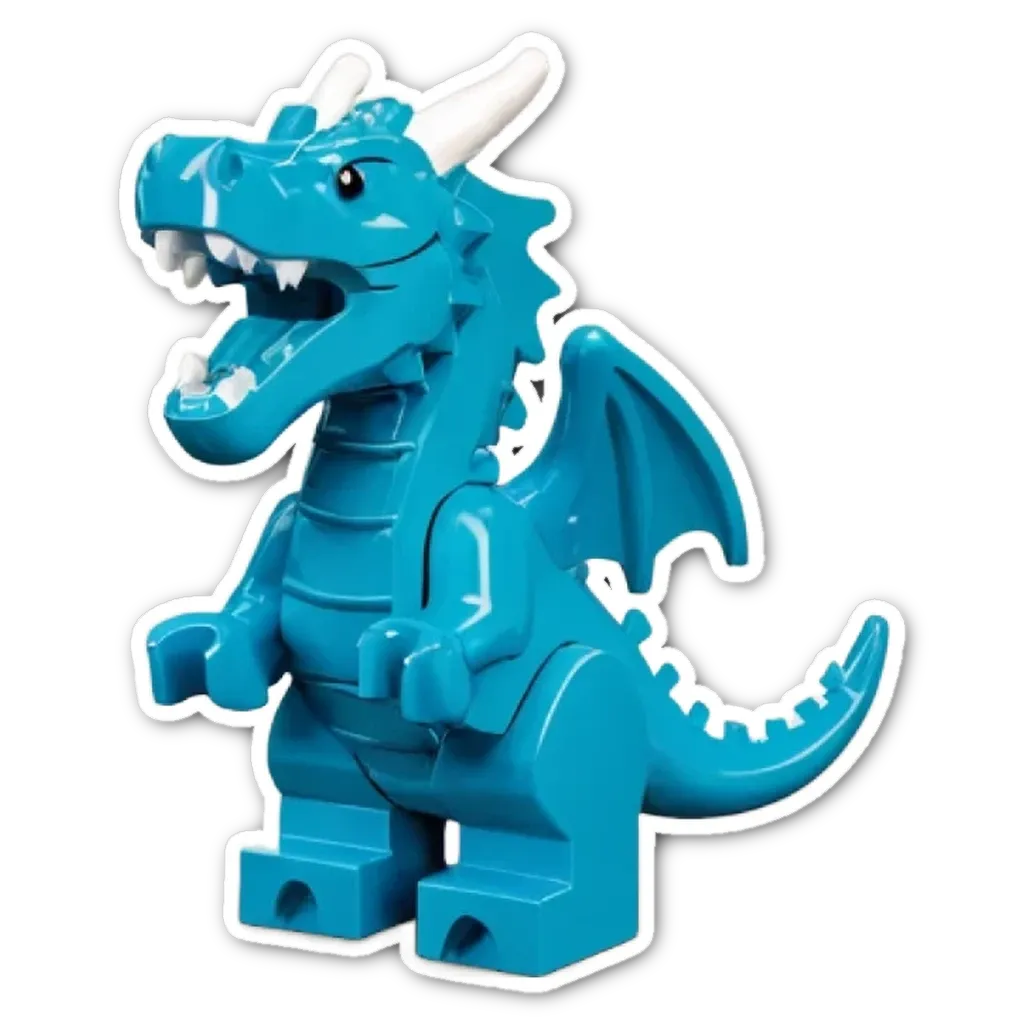 A blue lego dragon that is to the right of another blue lego dragon.