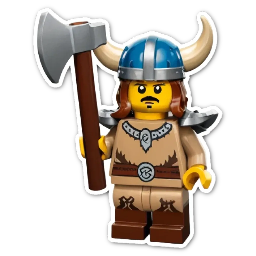 A lego figure holding a wooden sword on a black background.