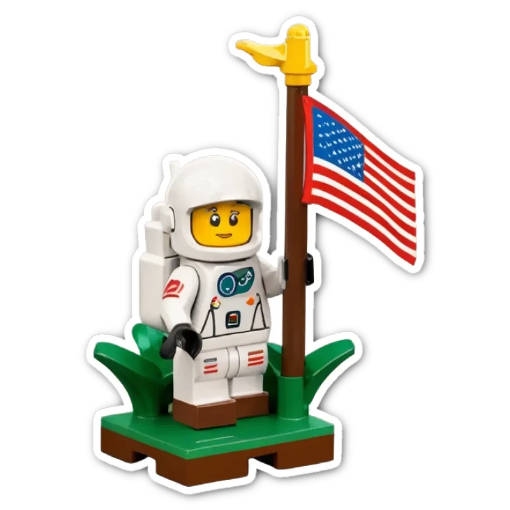 A lego person holding a flag and wearing a spacesuit.