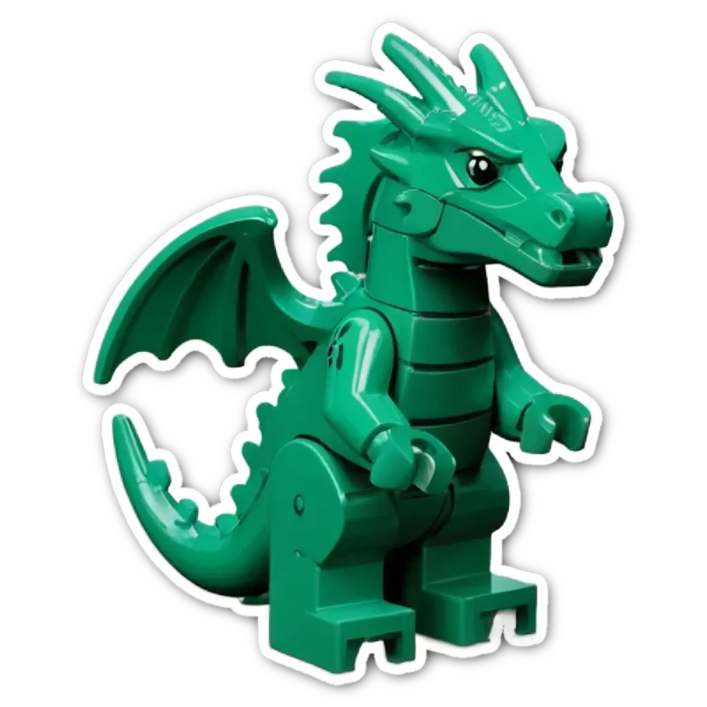 A green lego dragon on a black background.