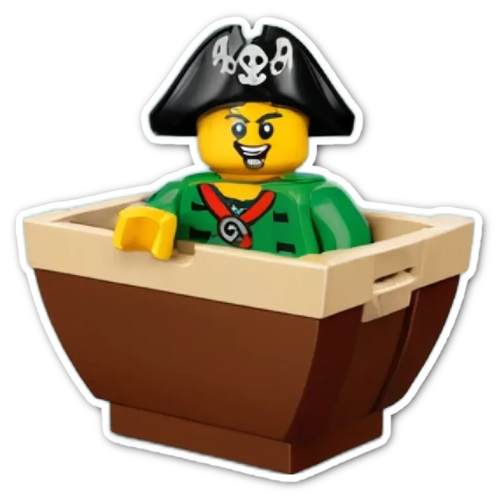 A lego pirate in a bathtub with a green shirt.